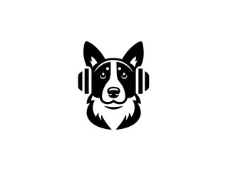 Cartoon dog head wearing headphones company logo, vector dog logo for themed business or product. Brand identity company logo design, dog head vector silhouette logo and t-shirt design illustration.