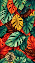 A bold seamless pattern of overlapping tropical leaves rendered using a high contrast color palette in a vibrant style, with digitally painted textures and a photorealistic .