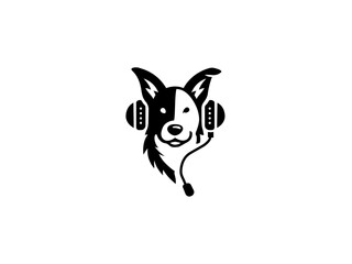 Cartoon dog head wearing headphones company logo, vector dog logo for themed business or product. Brand identity company logo design, dog head vector silhouette logo and t-shirt design illustration.