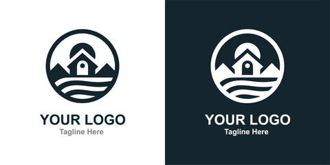 Simple Logo. Of a house with mountains and water.