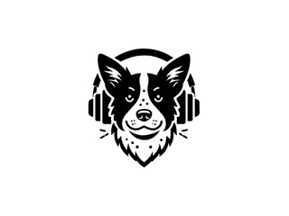 Cartoon dog head wearing headphones company logo, vector dog logo for themed business or product. Brand identity company logo design, dog head vector silhouette logo and t-shirt design illustration.