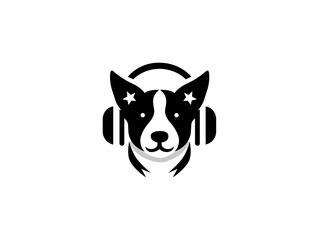 Cartoon dog head wearing headphones company logo, vector dog logo for themed business or product. Brand identity company logo design, dog head vector silhouette logo and t-shirt design illustration.
