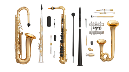 A collection of musical instruments, including a sousaphone, a trombone