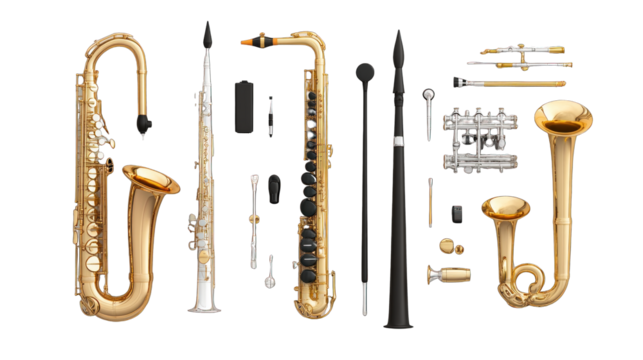 A collection of musical instruments, including a sousaphone, a trombone - Powered by Adobe
