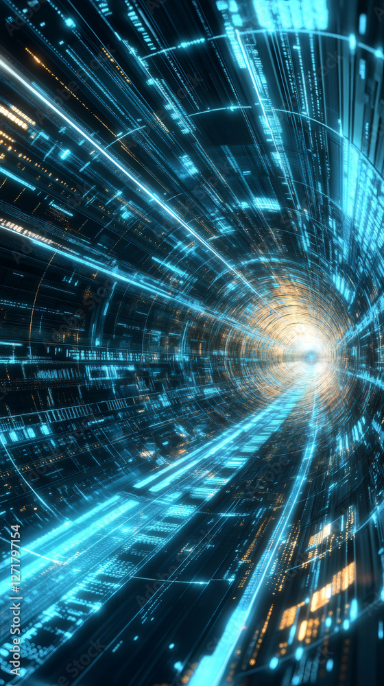 Aufkleber Bright blue and yellow data streams flowing through futuristic tunnel transmitting information through cyberspace