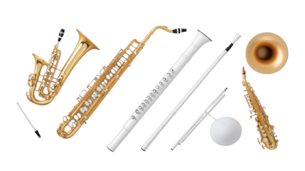 A collection of musical instruments including a sousaphone, a tuba