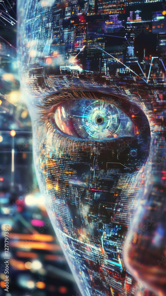 Poster Futuristic cyborg face featuring integrated computer code and a digital eye, observing its surroundings with an air of advanced technology