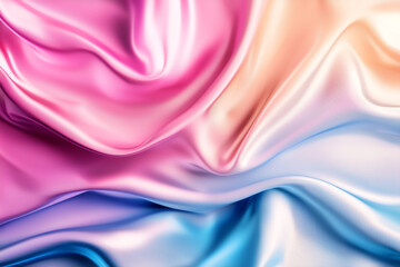 Fototapeta premium Soft, flowing fabric with gradient of pink, peach, and blue hues, creating dreamy and elegant appearance. silky texture adds luxurious feel to image
