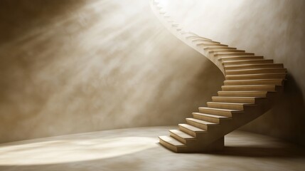 A beautifully designed spiral staircase illuminated by soft, warm light in a minimalist setting.