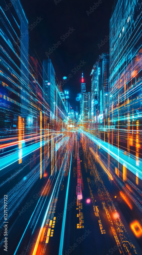 Leinwandbilder light trails and computer code representing data transmission in a futuristic new york city