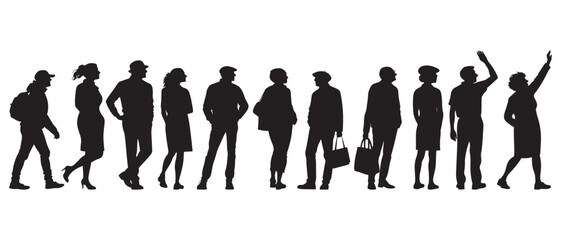 Silhouette vector of diverse people standing, walking, and interacting in various poses, ideal for crowd, community, and social concepts in design projects