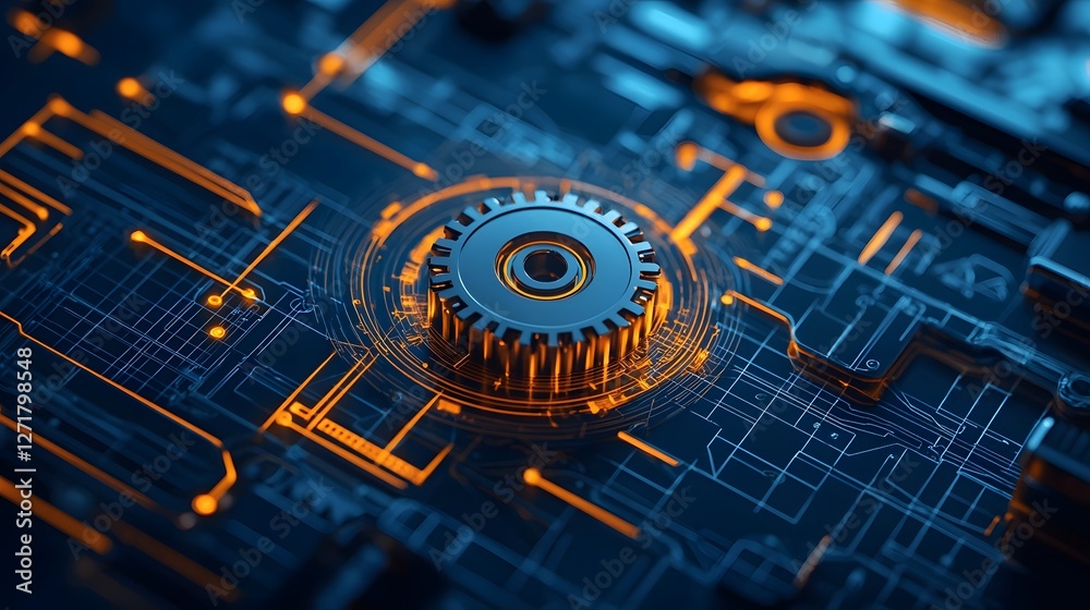 Poster holographic engineering blueprint showcasing intricate 3d rotating mechanical parts glowing lines an