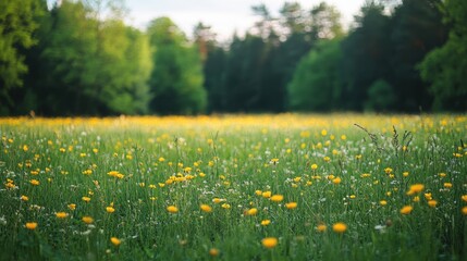 Fototapeta premium A vibrant field of wildflowers showcasing a mix of yellow and white blooms, surrounded by lush green trees under a soft, warm light.