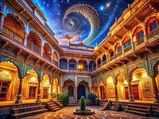 Obraz premium Double Exposure: Vibrant Rajasthani Courtyard & Celestial Patterns