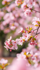 Obraz premium Panorama banner background with beautiful pink flower cherry blossom, sakura, blurry foreground. White tone