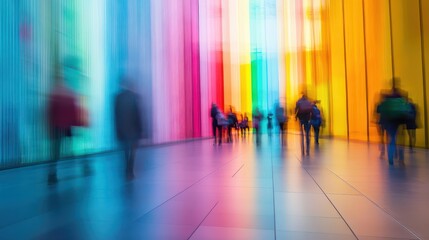 A vibrant urban scene featuring a diverse group of people walking in a colorful, abstract space with hues of blue, pink, and yellow.