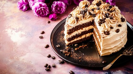 A Delectable Slice of Tiramisu Cake with Coffee Beans and Whipped Cream: A Visual Feast