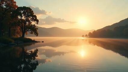 Obraz premium Golden Hour Lake with Reflections