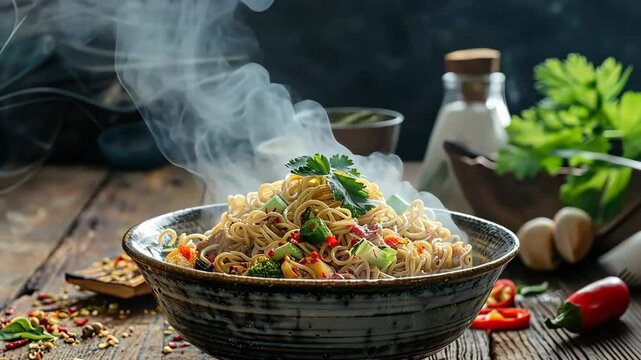 Stir fry noodles with vegetables and beef in black bowl. Chow mein dish. Hot ramen noodle with steam smoke, green onion in black bowl on wooden table background. Spicy Asian meal. Junk food concept.