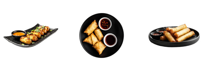 Fototapeta premium Steaming Hot Spring Rolls on Black Plate Isolated on Transparent Background