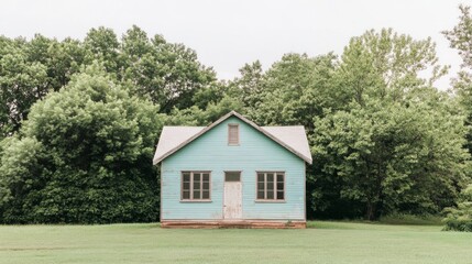 Obraz premium A serene vintage light blue house nestled amidst a lush green landscape. A picturesque country home, perfect for a peaceful escape.