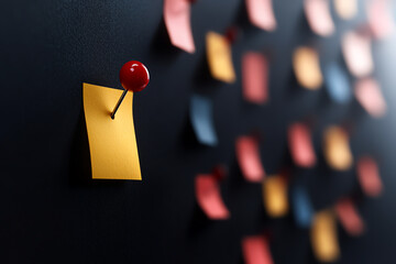 vibrant yellow sticky note pinned to dark board, surrounded by colorful notes, creates engaging and organized workspace atmosphere