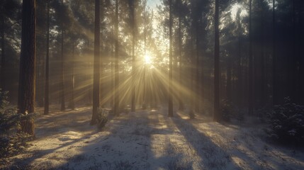 Obraz premium A serene forest scene with sunlight streaming through tall trees, creating a magical atmosphere.