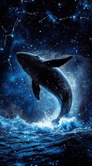 Whale breaching in a cosmic ocean, stars and constellations.