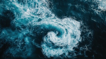 A mesmerizing aerial view of swirling ocean waves, showcasing vibrant turquoise and deep blue tones that create a dynamic and tranquil atmosphere.