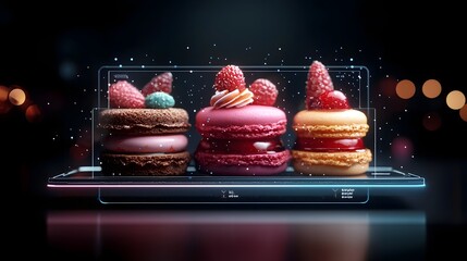 Holographic gourmet dessert selection with 3D sweet treats like macarons and cakes floating and levitating in a glowing transparent user interface display showcasing a futuristic patisserie concept