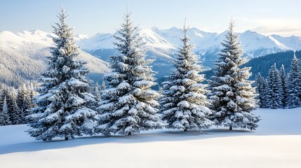 Snow covered evergreens stand before majestic winter mountains