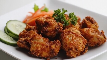 Breaded fried chicken. Crispy fried chicken. Several pieces of crunchy fried chicken on a white plate. Isolated on white background. Perfect for design elements, catalogues, or any commercial purposes