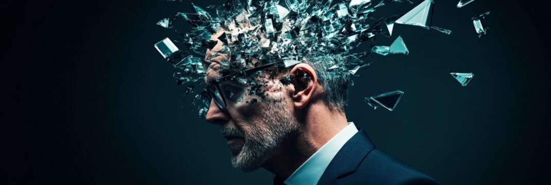 Glass shards exploding from a businessmans head, representing the overwhelming stress, information overload, and mental health challenges faced in todays high pressure work environment