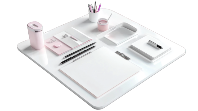 A white desk with a pink container and a pink notebook - Powered by Adobe