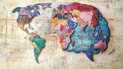 Colorful world map shaped like a brain on textured background.