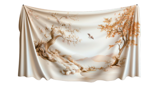 A white curtain with a tree and a bird on it