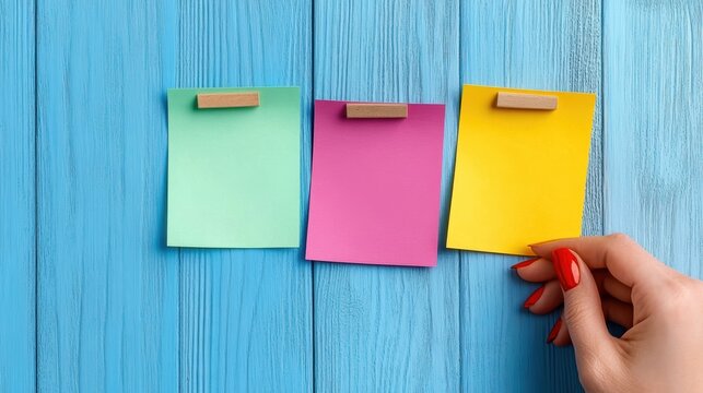 Hand placing colorful sticky notes on a blue wooden surface.