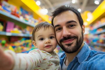 Obraz premium Parent Holding Baby Inside Toy Store with Bright Background, Generative AI