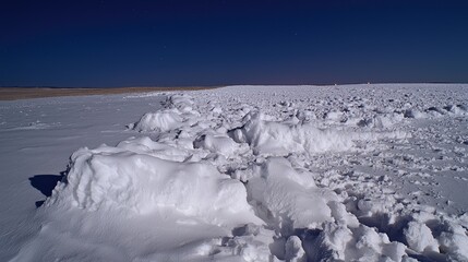 Snowy plain under moonlight, Frozen landscape at night, Wide view of snow drifts. Possible use Nature photography, astronomy, winter scenery