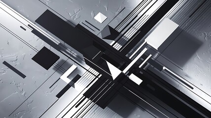 Obraz premium Abstract geometric painting in shades of gray and black, featuring intersecting lines and planes creating a sense of depth and architectural form.