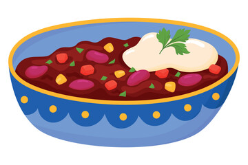 Chili Con Carne - Traditional Mexican Spicy Bean Stew with Tomatoes, Corn, and Sour Cream Garnished with Fresh Parsley. Latin American Cuisine Illustration for Menus, Recipes, and Food Designs