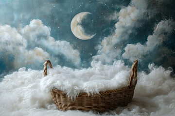 Photography setup with an empty Moses basket with fur rug with clouds and a moon above, designed for newborn portraits