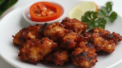 Breaded fried chicken. Crispy fried chicken. Several pieces of crunchy fried chicken on a white plate. Isolated on white background. Perfect for design elements, catalogues, or any commercial purposes