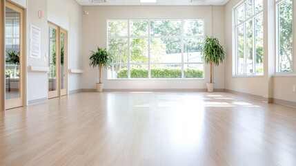 Fototapeta premium Bright office space, sunlit windows, hardwood floors, plants, potential for yoga or meetings