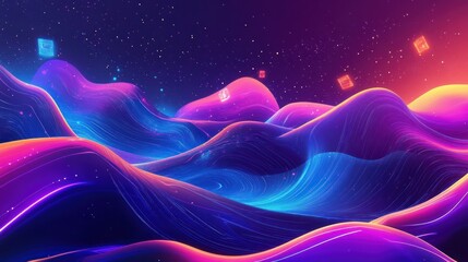 Obraz premium Abstract vibrant landscape with glowing neon waves and particles.