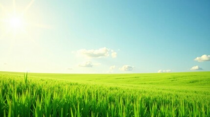 Obraz premium Serene Landscape Bright Sun Illuminates a Vast Expanse of Lush Green Grass Under a Clear Blue Sky with Puffy White Clouds