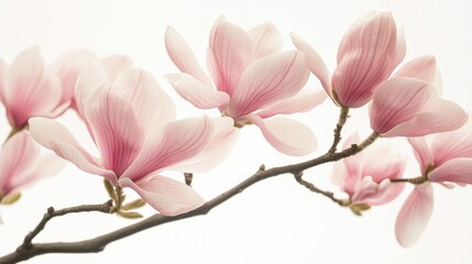 Obraz premium Delicate pink magnolia flowers gracefully bloom on a slender branch, creating a serene and elegant atmosphere against a soft background.