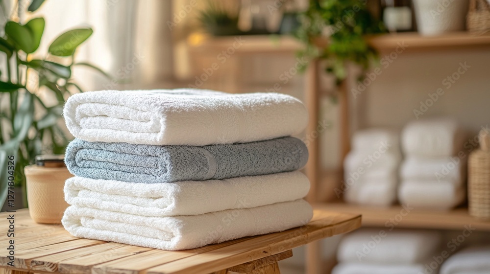 Poster soft, freshly folded bedding sheets in bright colors are neatly arranged on a rustic wooden table. t