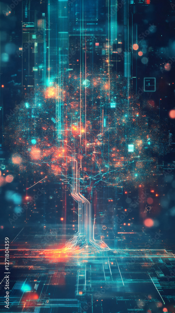 Aufkleber Digital tree branching from electronic circuit, symbolizing AI technology, data processing, machine learning innovation