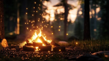 A brightly burning campfire with leaping flames and glowing embers sits in a dark forest at dusk, casting light on the surrounding ground and trees